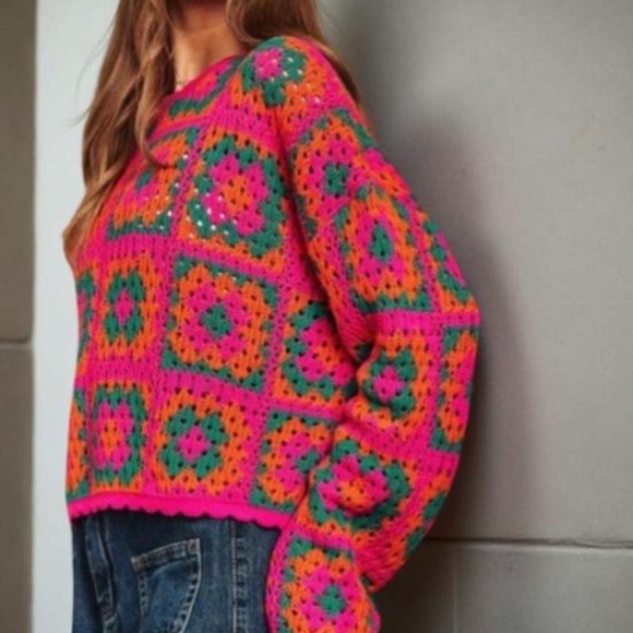Patch Work Sweater Crochet Sweater / Boho Sweater Davi & Dani NWT Oversized - Picture 10 of 11